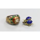 A modern 18ct gold and three colour enamel set small bug brooch, 13mm, gross weight 3.1 grams and an