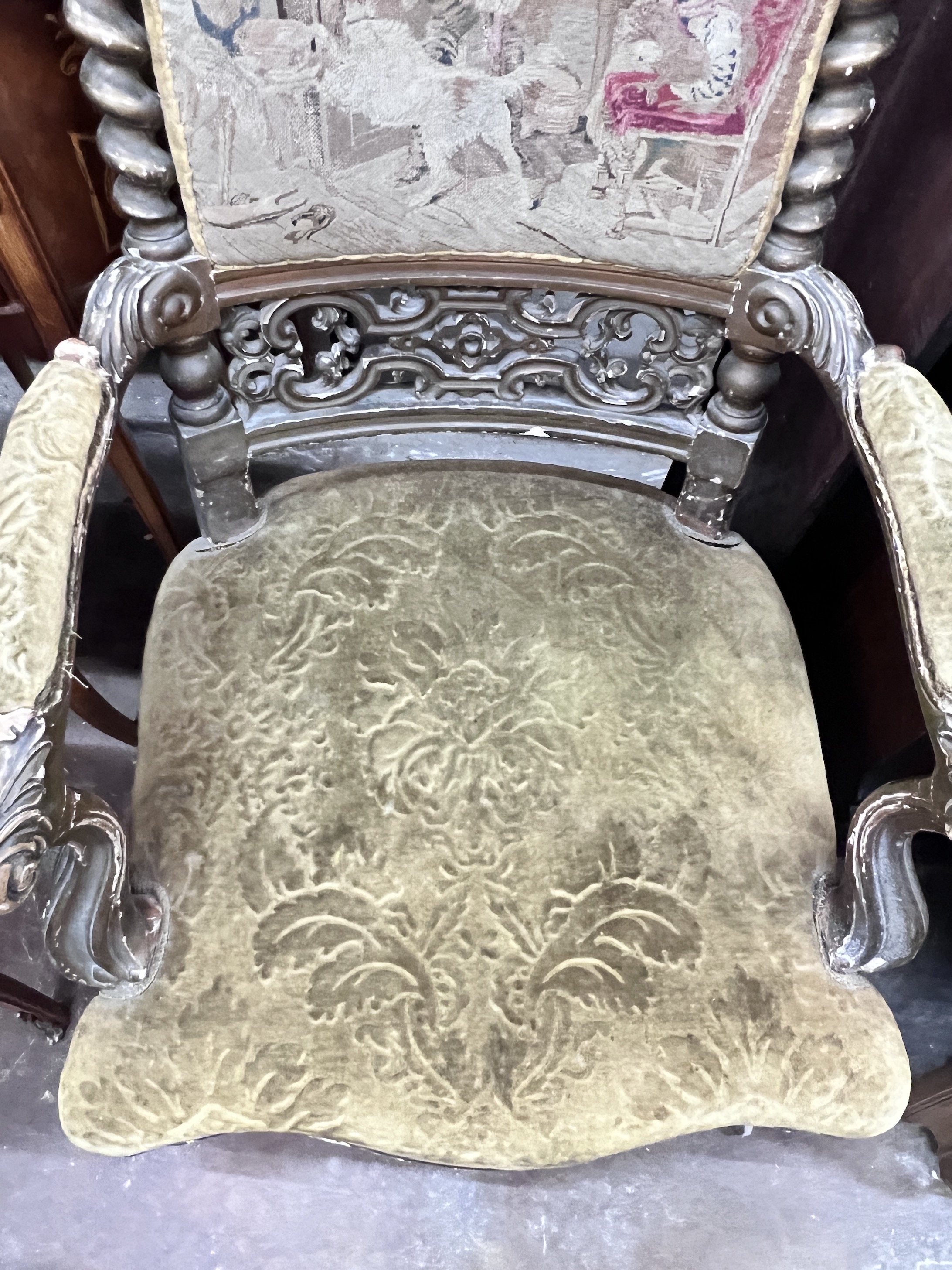 A Victorian carved giltwood and composition tapestry back open armchair, width 54cm, depth 56cm, - Image 3 of 11