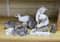 Eight Royal Copenhagen animal models, largest 23cm high, a Heubach gull and a seal