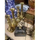 Two pairs of 19th century brass candlesticks and a Coalbrookdale iron tobacco box and cover, tallest