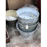 Seven vintage galvanised fire extinguisher buckets, largest height 16cm