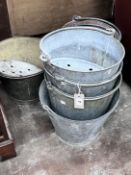 Seven vintage galvanised fire extinguisher buckets, largest height 16cm