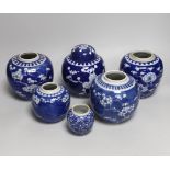 Five Chinese blue and white prunus ginger jars, one with cover- 15cm high and another jar