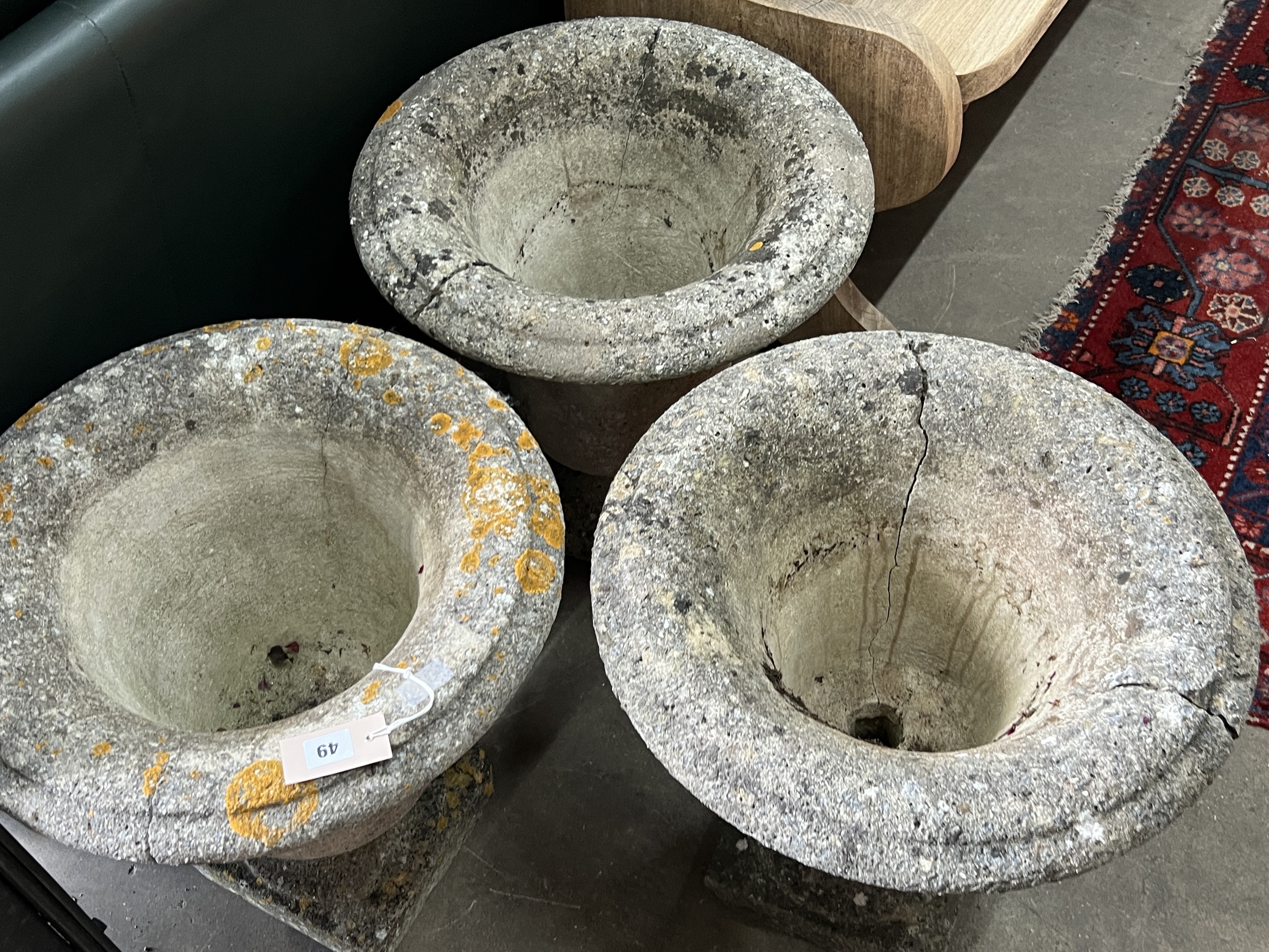 A set of three circular reconstituted stone garden urns, one cracked, diameter 48cm, height 50cm - Image 2 of 3