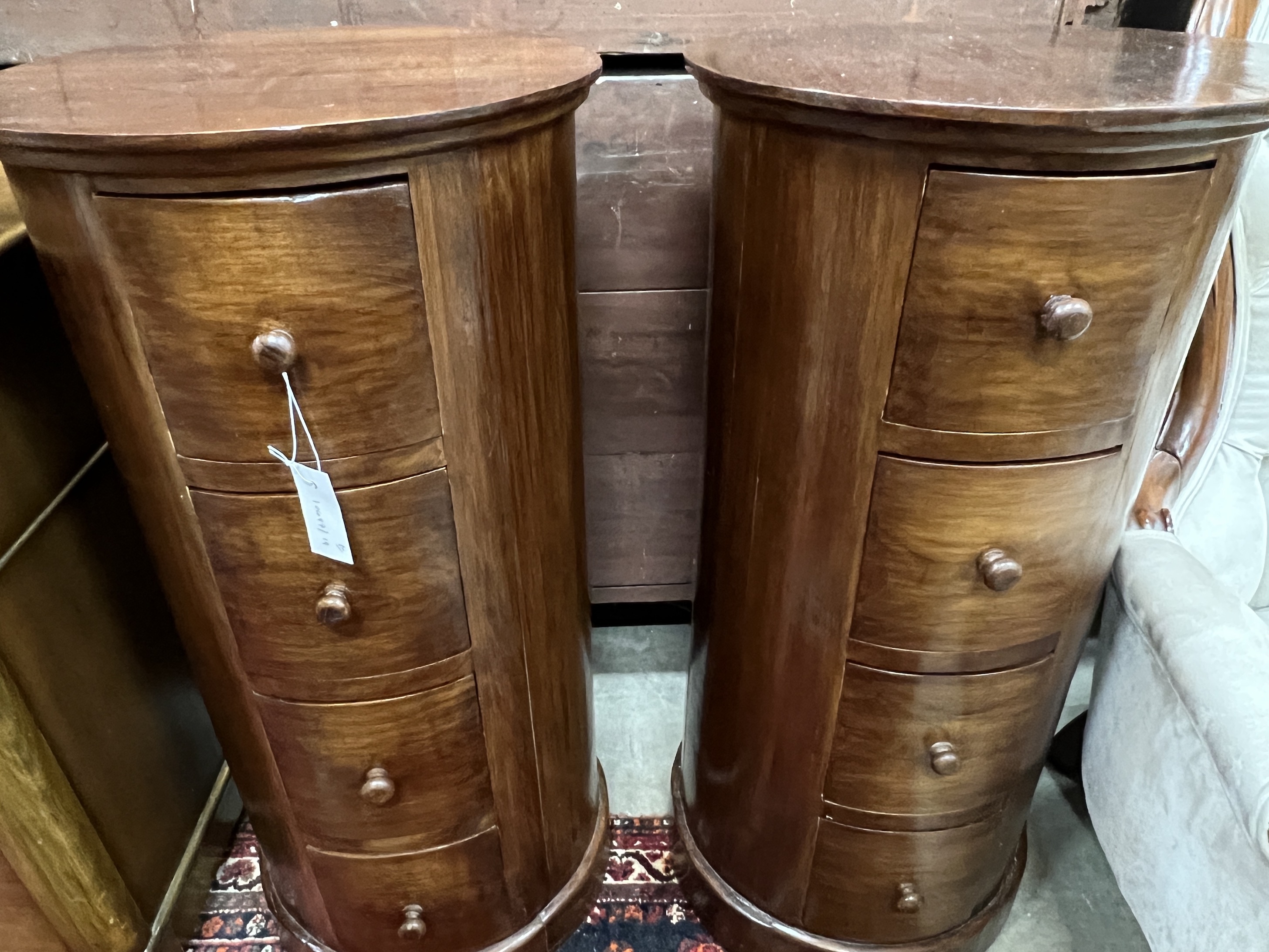 A pair of reproduction mahogany cylindrical bedside cupboards, each fitted four small drawers, - Image 2 of 4