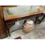 An Edwardian satinwood banded mahogany two drawer writing table, width 102cm, depth 52cm, height