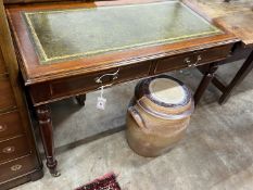 An Edwardian satinwood banded mahogany two drawer writing table, width 102cm, depth 52cm, height
