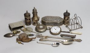 Assorted small silver items including a toastrack, peppers, flatware, mounted penknife, pocket