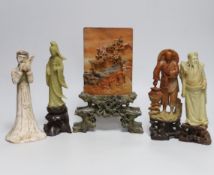 Three Chinese carved soapstone figures, a similar table-screen on stand together with a terracotta