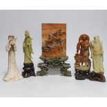 Three Chinese carved soapstone figures, a similar table-screen on stand together with a terracotta