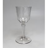 An English lead crystal goblet c.1740-50, ogee bowl has a deception section at the base, the stem is