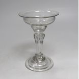 An English lead crystal champagne or sweetmeat glass, c.1745, flat double ogee bowl with everted