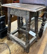 A 17th century and later oak joint stool, with carved frieze, width 48cm, depth 28cm, height 54cm