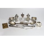 Assorted sundry silver, including condiments, christening pair, napkin ring, flatware and a 1970s