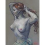 Betty Raphael (20th century), heightened pastel on paper, Half length portrait of a semi nude woman,