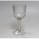 An English lead crystal goblet with DSOT stem, c.1760, heavy spiral threads outside a scrambled