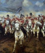 A modern Victorian style oil on canvas, Charge of the Royal Scots Greys at Waterloo, gilt framed