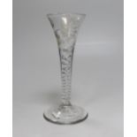 A drawn trumpet SSAT wine glass, c.1740-50, with single honeysuckle flower engravings in a