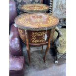 A pair of reproduction Louis XV style oval marquetry inlaid bedside chests, width 47cm, depth