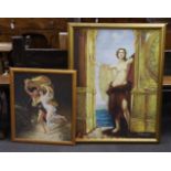 Two oils on canvas, Grecian robed figures including semi nude females, each signed, the largest