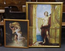 Two oils on canvas, Grecian robed figures including semi nude females, each signed, the largest