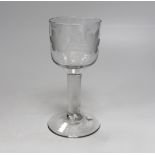 An English lead crystal goblet, c.1740-50, fine tool marked ogee bowl engraved with fruiting vines