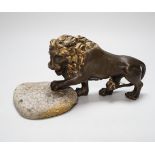 A parcel gilt bronze lion with stone base, 22cm wide