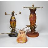 Three decorative glass lamp bases including a Galle style example, the largest 34cm including the