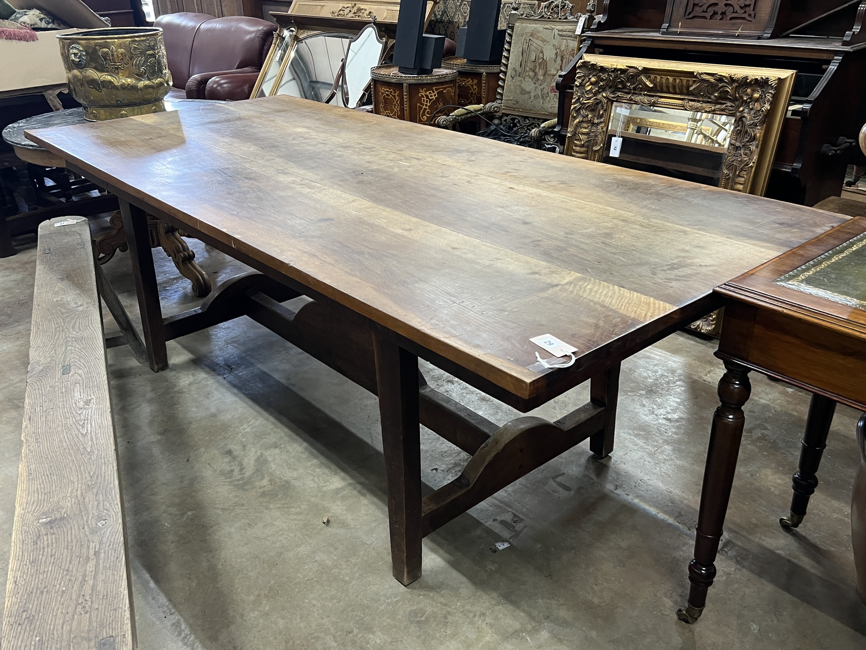 An early 20th century French cherry rectangular kitchen table, length 224cm, depth 100cm, height