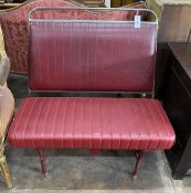 A 1950's chrome and red leatherette omnibus seat, width 88cm, depth 44cm, height 90cm