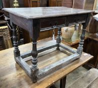 A 17th century rectangular oak side table, with frieze drawer, width 88cm, depth 52cm, height 67cm