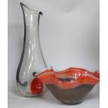 An Art glass bowl, labelled Svaja and a similar unmarked art glass vase, 40cm wide