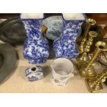 A pair of Losol ware blue and white vases, a slipware jug, a faience candle holder and a Chinese tea