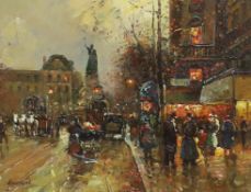 Laurent, oil on board, 'Busy Parisian street scene with figures', signed, National Fine Arts COA