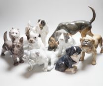 Nine models of dogs; Royal Copenhagen, B&G and Rosenthal etc including terriers, bulldogs, King