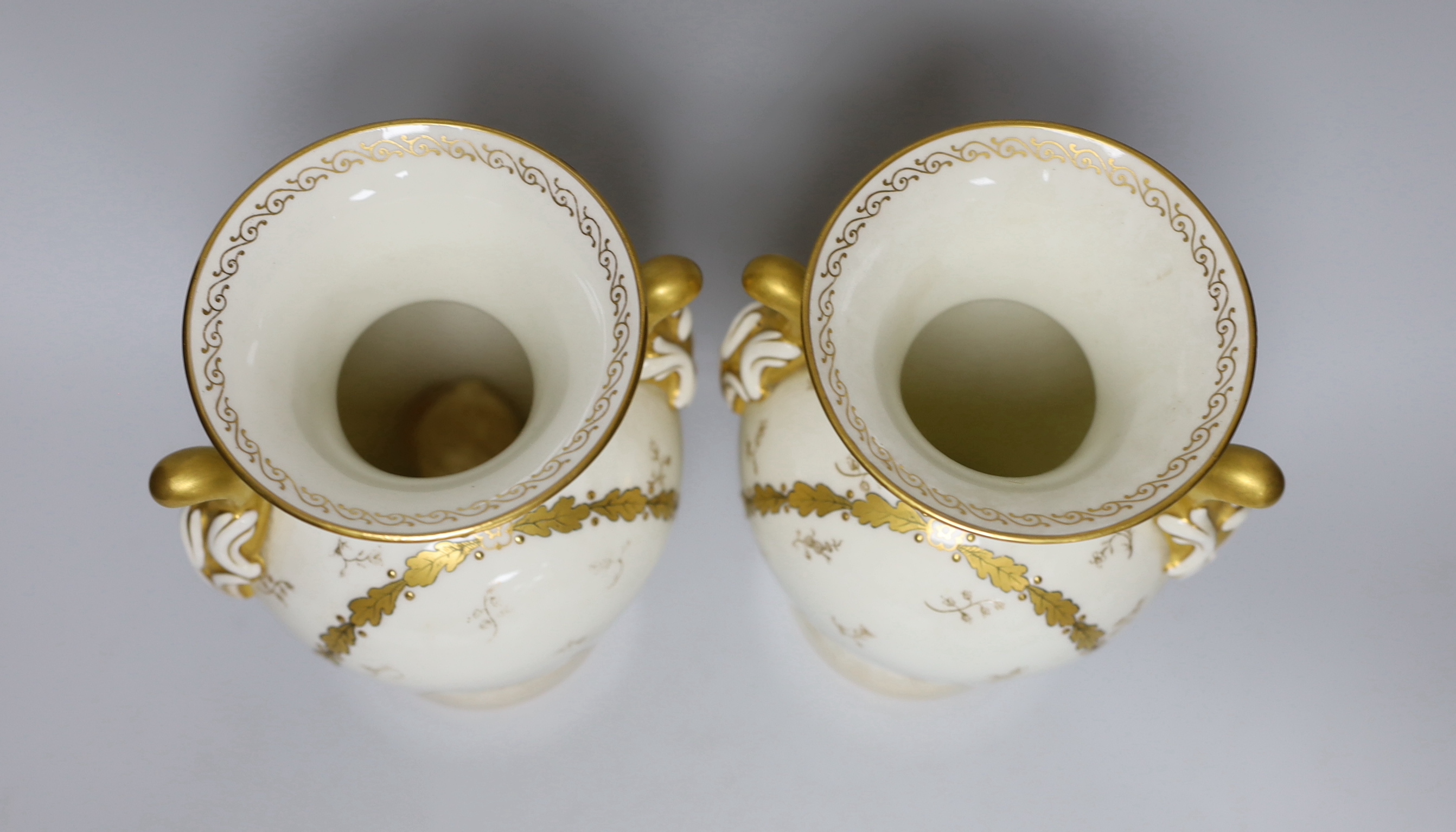 A pair of Royal Worcester vases with gilded decoration and still life panels signed W A Hawkins, - Image 3 of 4