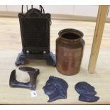 Metalware comprising wrought iron heater, two metal plaques including one of Queen Victoria, boot