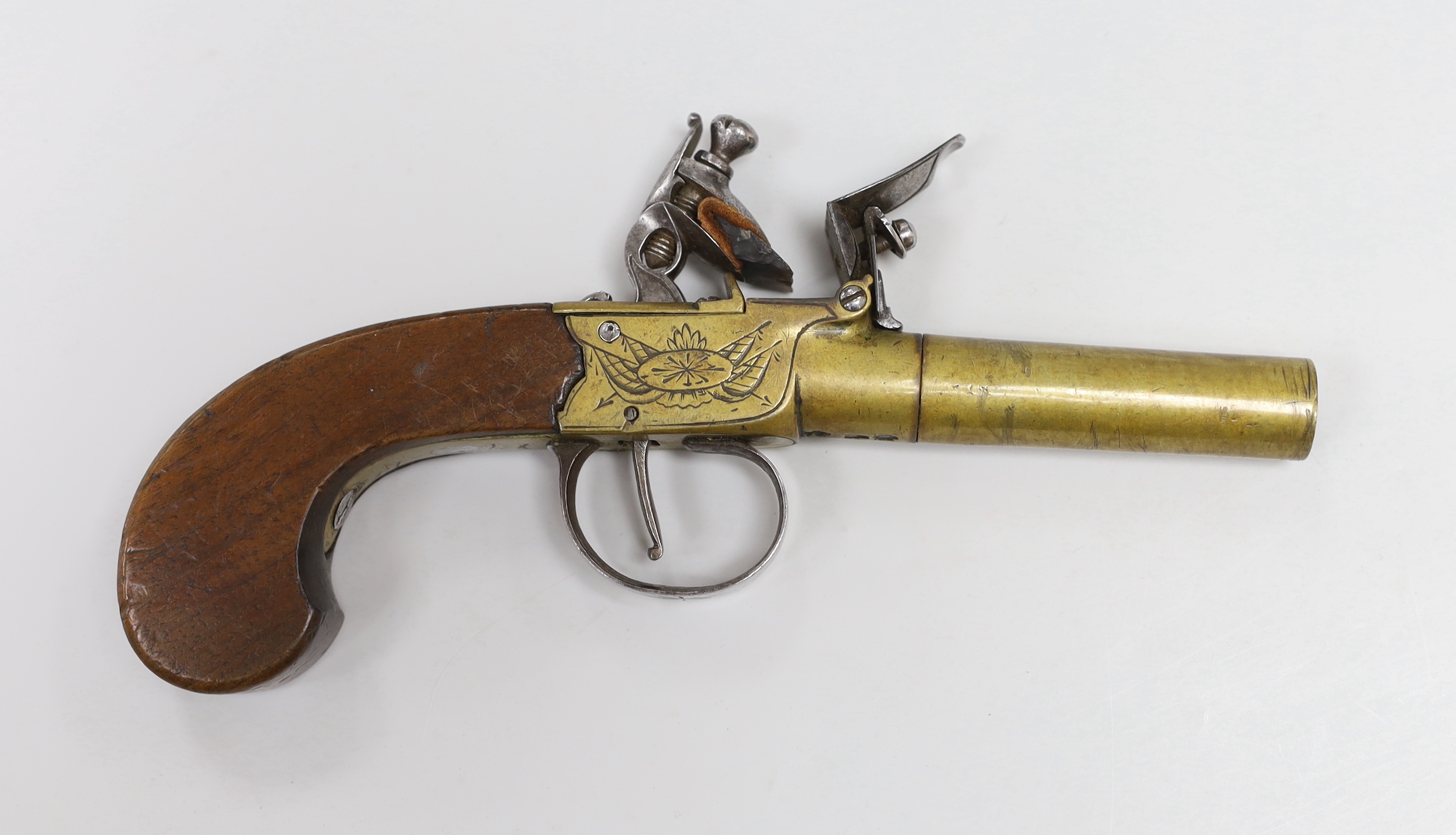 A George III flintlock pocket pistol, with turn off brass barrel, signed ‘Lawrence’