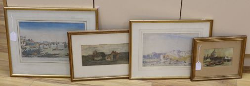 Four 19th century and later prints and watercolours, including Thames landscape with St Paul's,