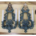 A pair of lyre shaped green resin wall lights, height 62cm