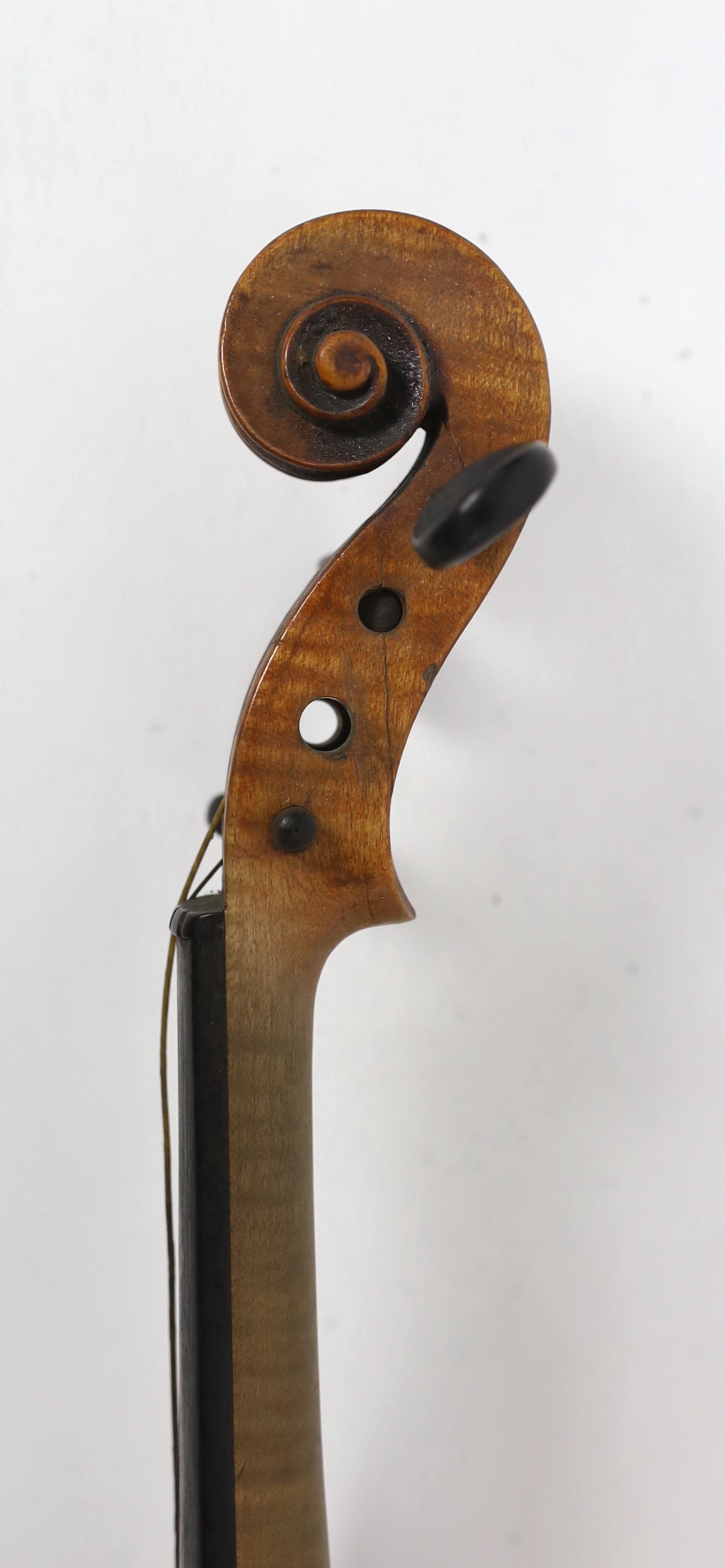 A violin, 2nd half 19th century, with medium colour to the two-piece back sides and neck, remnants - Image 3 of 7