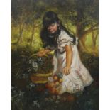 Oil on canvas, girl picking flowers, 60cm x 50cm