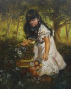 Oil on canvas, girl picking flowers, 60cm x 50cm