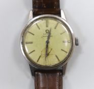 A gentleman's 1960's? stainless steel Omega Seamaster manual wind wrist watch, on associated leather