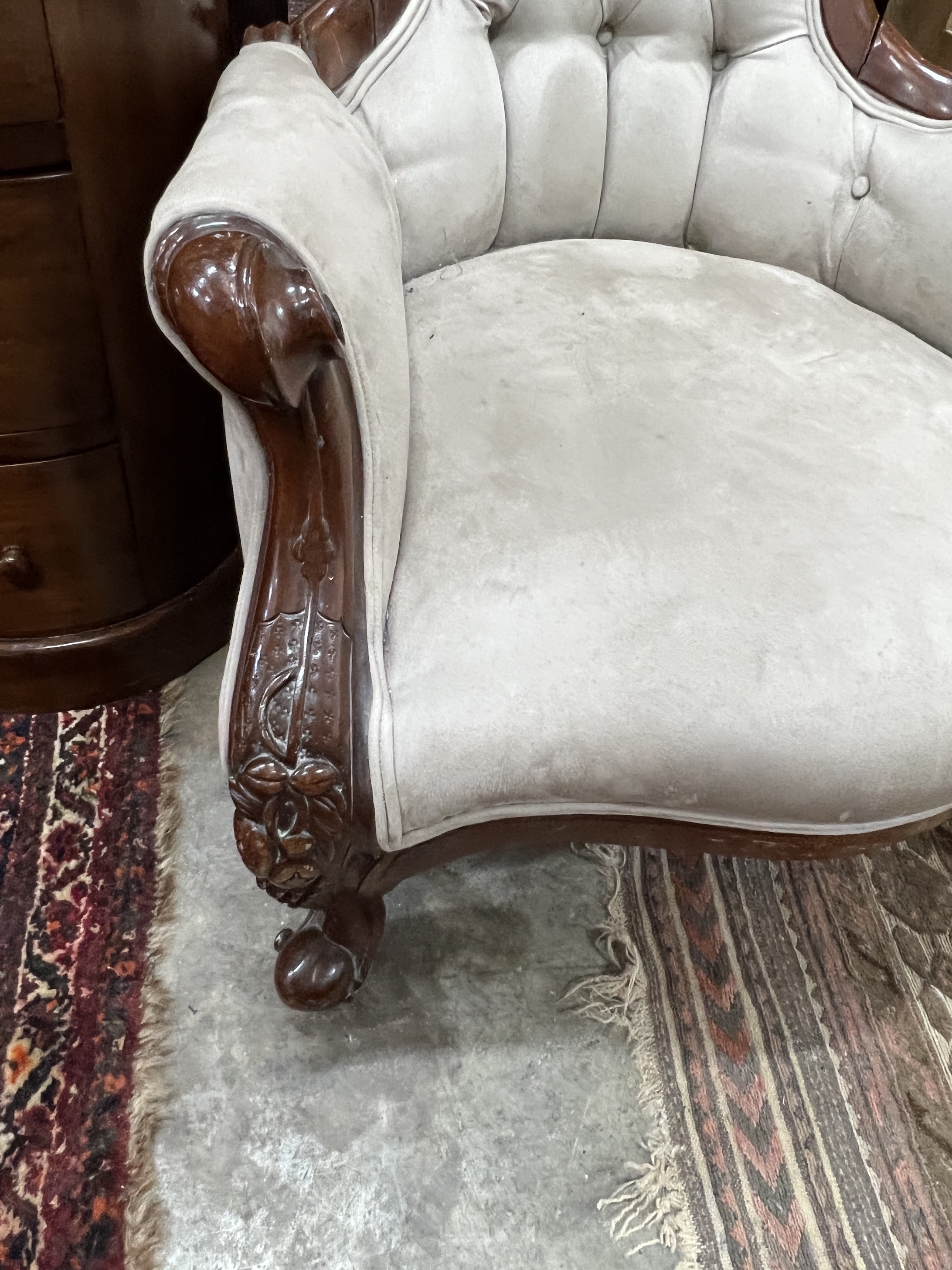 A Victorian style faux suede mahogany spoon back armchair, width 70cm, depth 82cm, height 100cm - Image 5 of 5