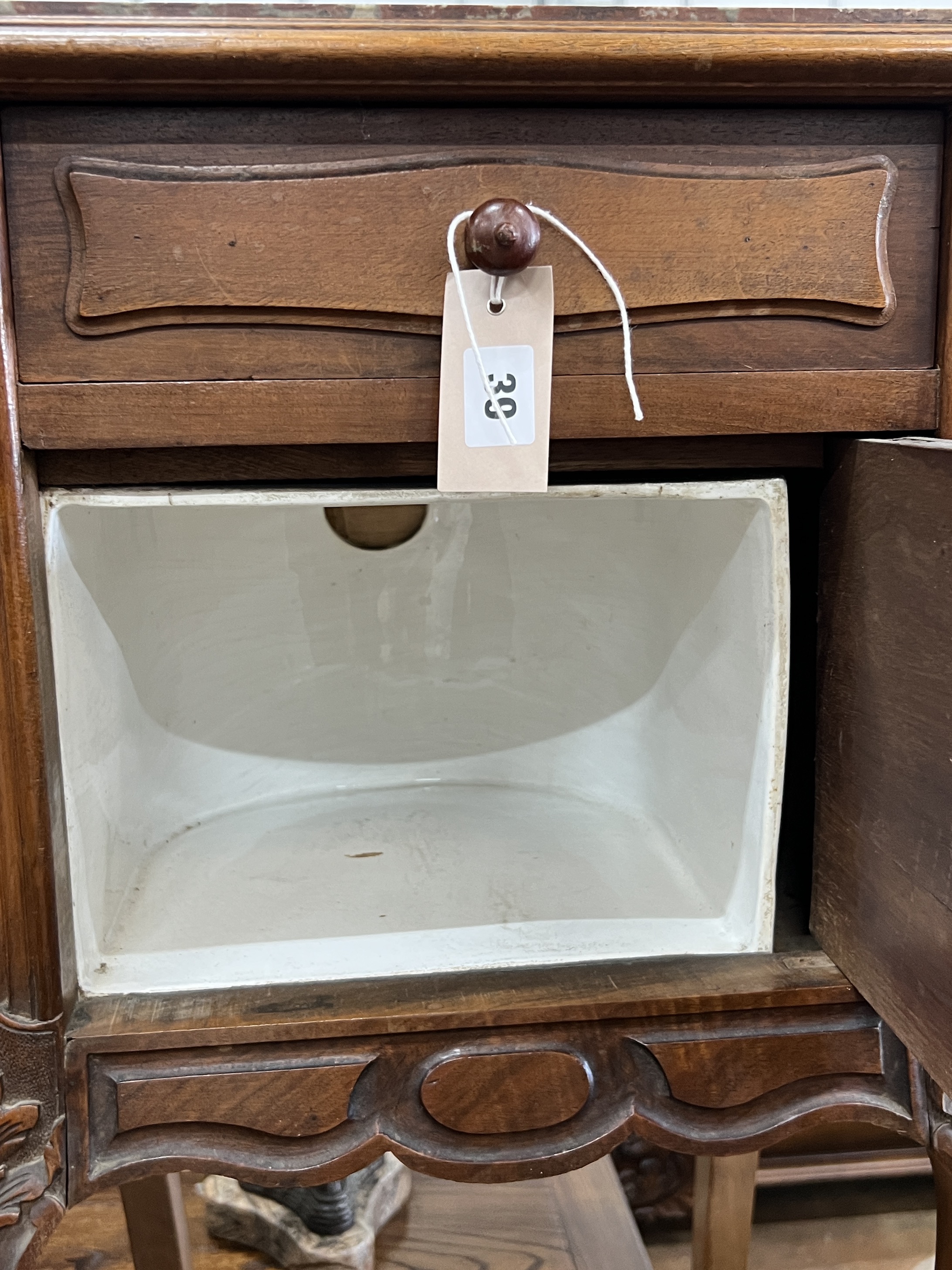 A late 19th century French marble top walnut bedside cabinet, width 40cm, depth 34cm, height 84cm - Image 2 of 3