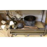 Metal and wooden-ware including a chandelier, Georgian spice box, candle box and fire kerb, the