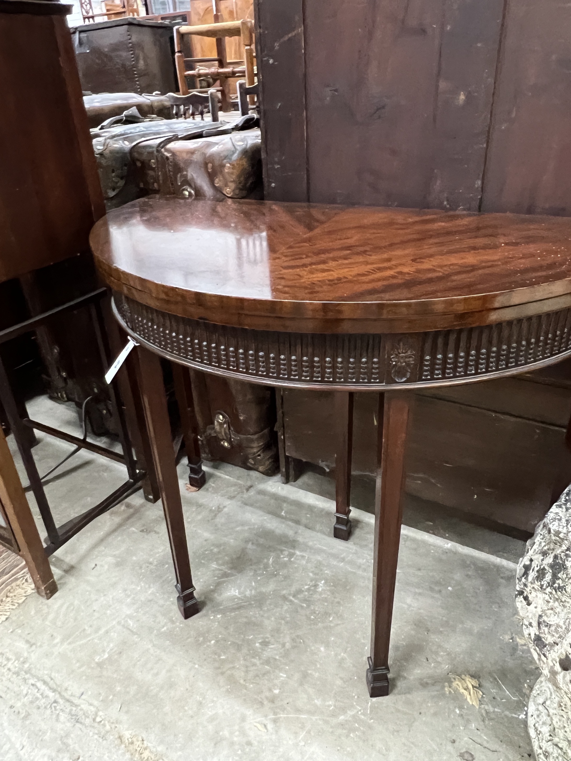 A Chippendale revival mahogany demi lune folding card table, width 92cm, depth 46cm, height 77cm - Image 3 of 3