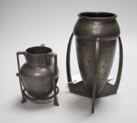 A Tudric Archibald Knox pewter vase and similar Connell pewter pot, Tudric vase 18.5cm high