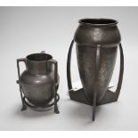A Tudric Archibald Knox pewter vase and similar Connell pewter pot, Tudric vase 18.5cm high